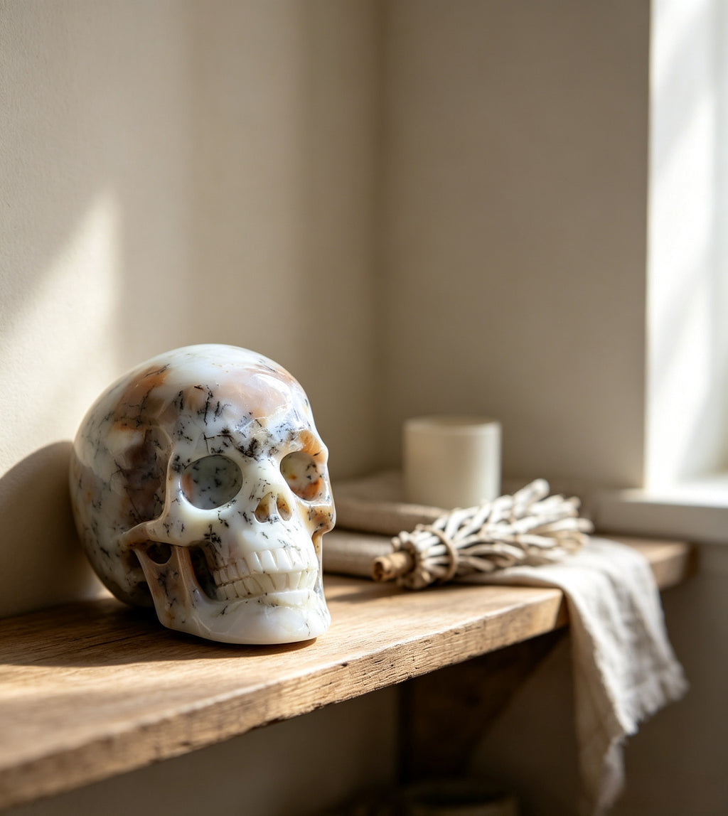 Crysthall White Opal Skull — Water Element Crystal for Spiritual Awakening